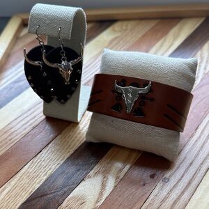 Brown Leather Bull Skull Bracelet and Earring Set